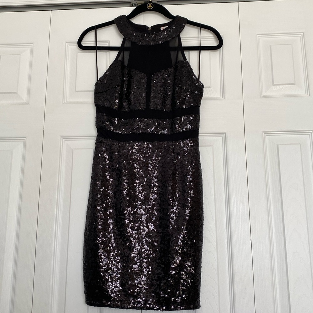 Guess black form fitting sequined halter dress with sheer top panel